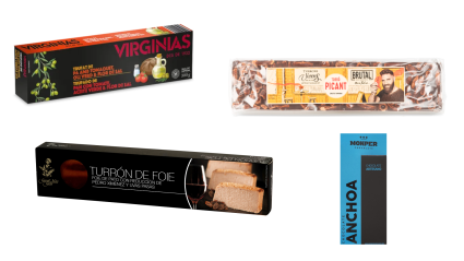 Turrones de pan con tomate, anchoa, foie de pato y chocolate con picante