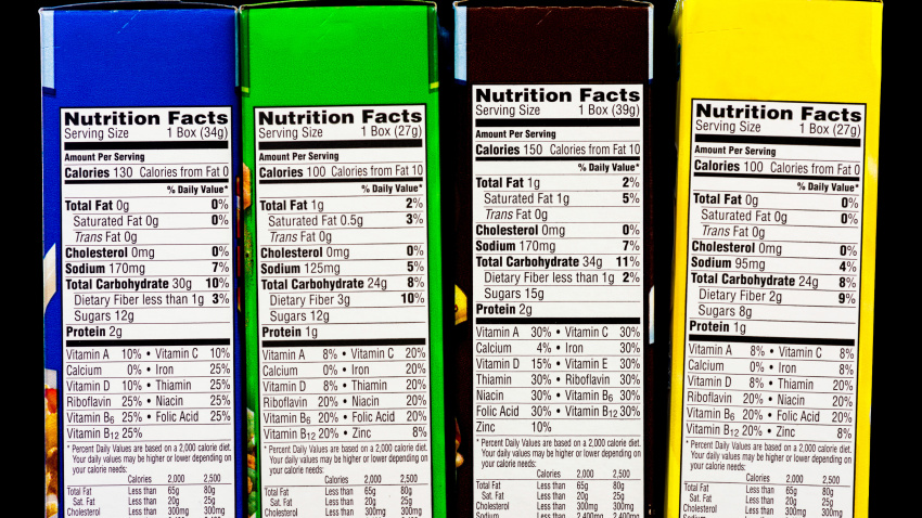 E8GEXM Boxes of cereal and health information labels