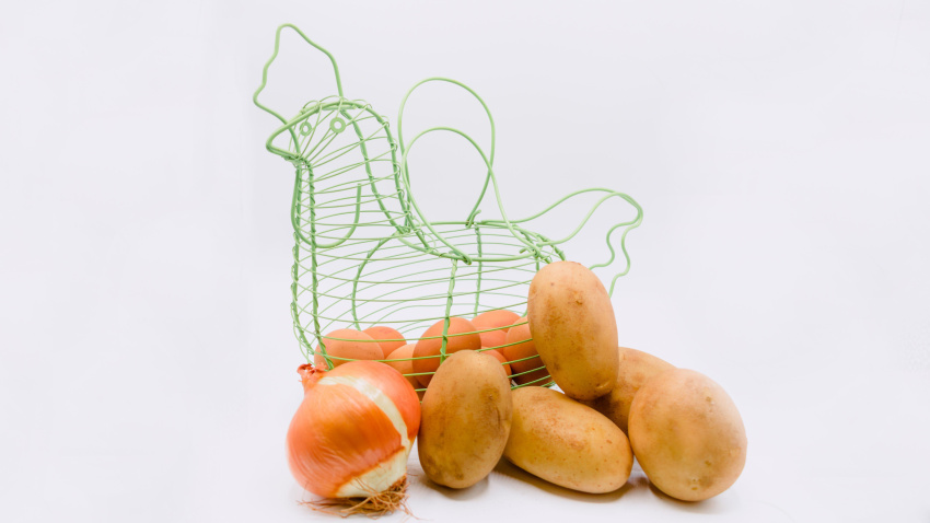 2F35YRJ Onions, eggs and potatoes, Ingredients of a spanish potato omelette