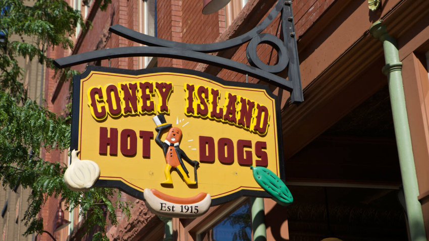 CR8J09 CR8J09 Hanging sign for Coney Island Hot Dogs in Kalamazoo, Michigan
