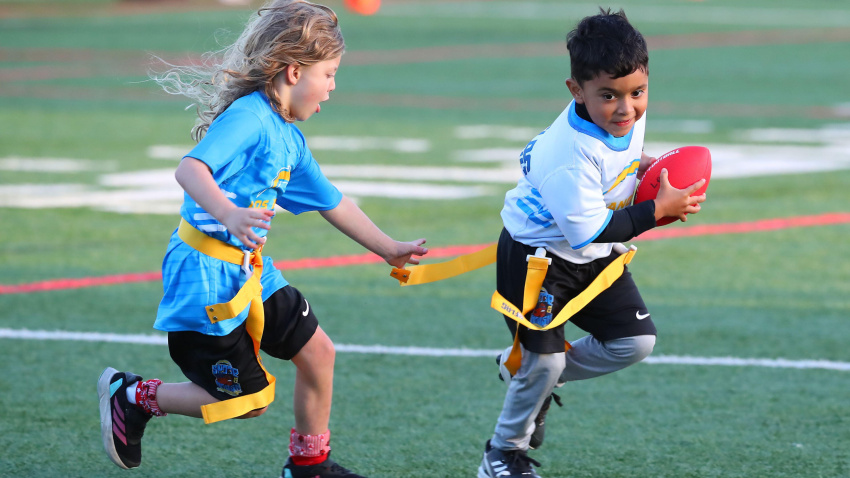 2WRMMTH Youth Football players participate during the Snoop & House Flag Football League at the Campus El Segundo Athletic Fields, Friday, Mar. 8, 2024, in El Segundo. (Kevin Terrell/Image of Sport)