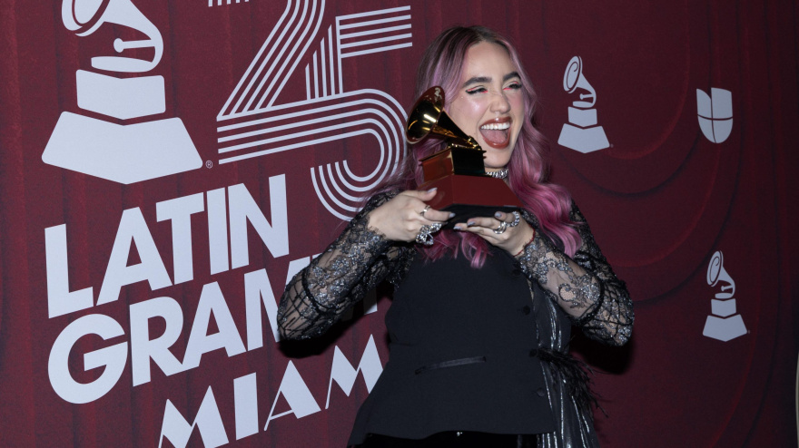 Ela Taubert, winner of the Best New Artist, holds her Grammy during the 25th Latin Grammy 2024 awards and show at the Kaseya Center in Miami, Florida on Thursday, November 14, 2024 . Photo By Gary I Rothstein/UPI