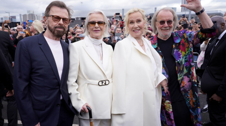 2JA1DT3 (L to R) Bjorn Ulvaeus, Anni-Frid Lyngstad, Agnetha Faltskog and Benny Andersson attending the Abba Voyage digital concert launch at the ABBA Arena, Queen Elizabeth Olympic Park, east London. Picture date: Thursday May 26, 2022.