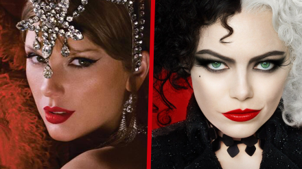 Taylor Swift en la portada de 'The life of a showgirl' y Emma Stone caracterizada como Cruella en una foto promocional de la película