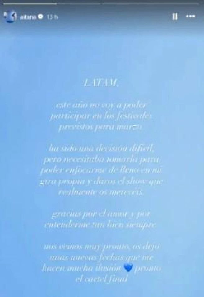 Aitana anuncia la cancelación de cuatro de sus conciertos
